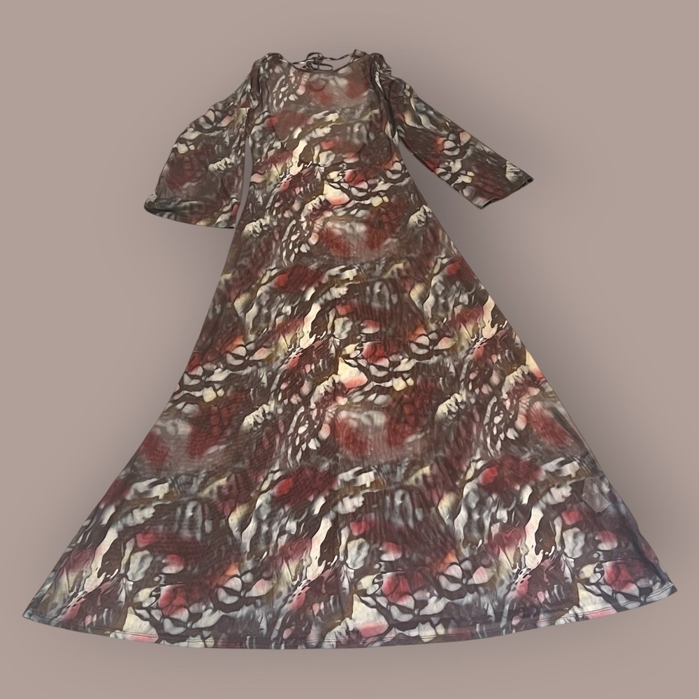Sheer Mesh Abstract Print Maxi Dress Open Back Tie Neck Bell Sleeve Boho Y2K M/L - Picture 11 of 16